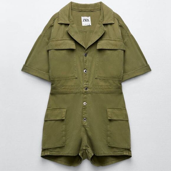 ZARA GREEN KHAKI JUMPSUIT WITH CARGO POCKETS - Picture 1 of 9